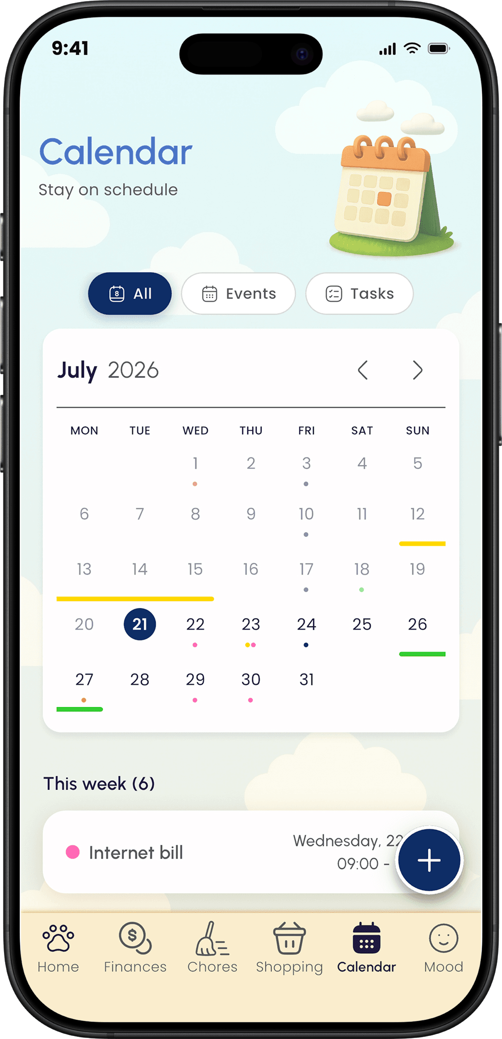 Roomiz calendar screen showing the house's month of bills, chores and events