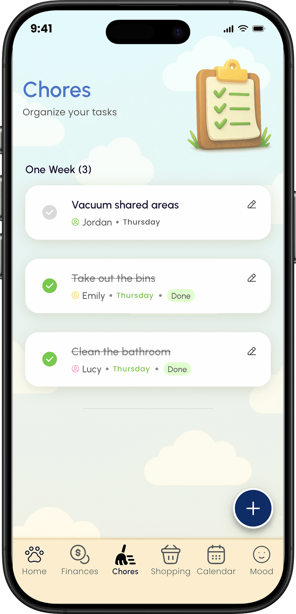 Roomiz chores screen showing this week's chores and who they're assigned to