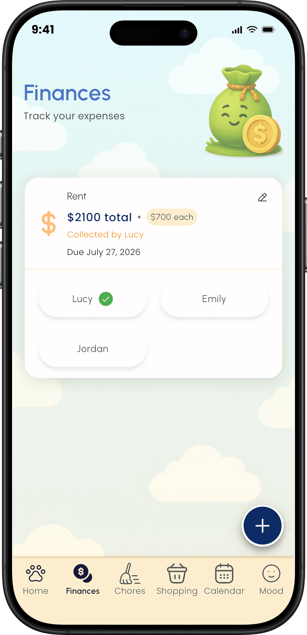 Roomiz finances screen showing a rent bill split between three housemates