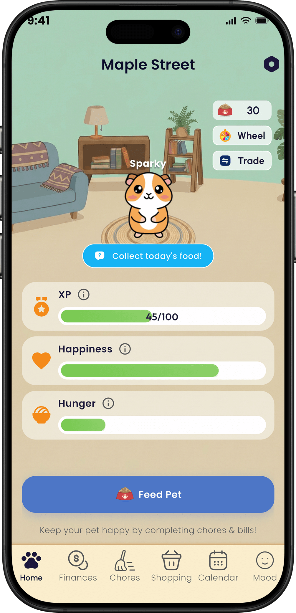 Roomiz home screen with the house hamster and its XP, happiness and hunger